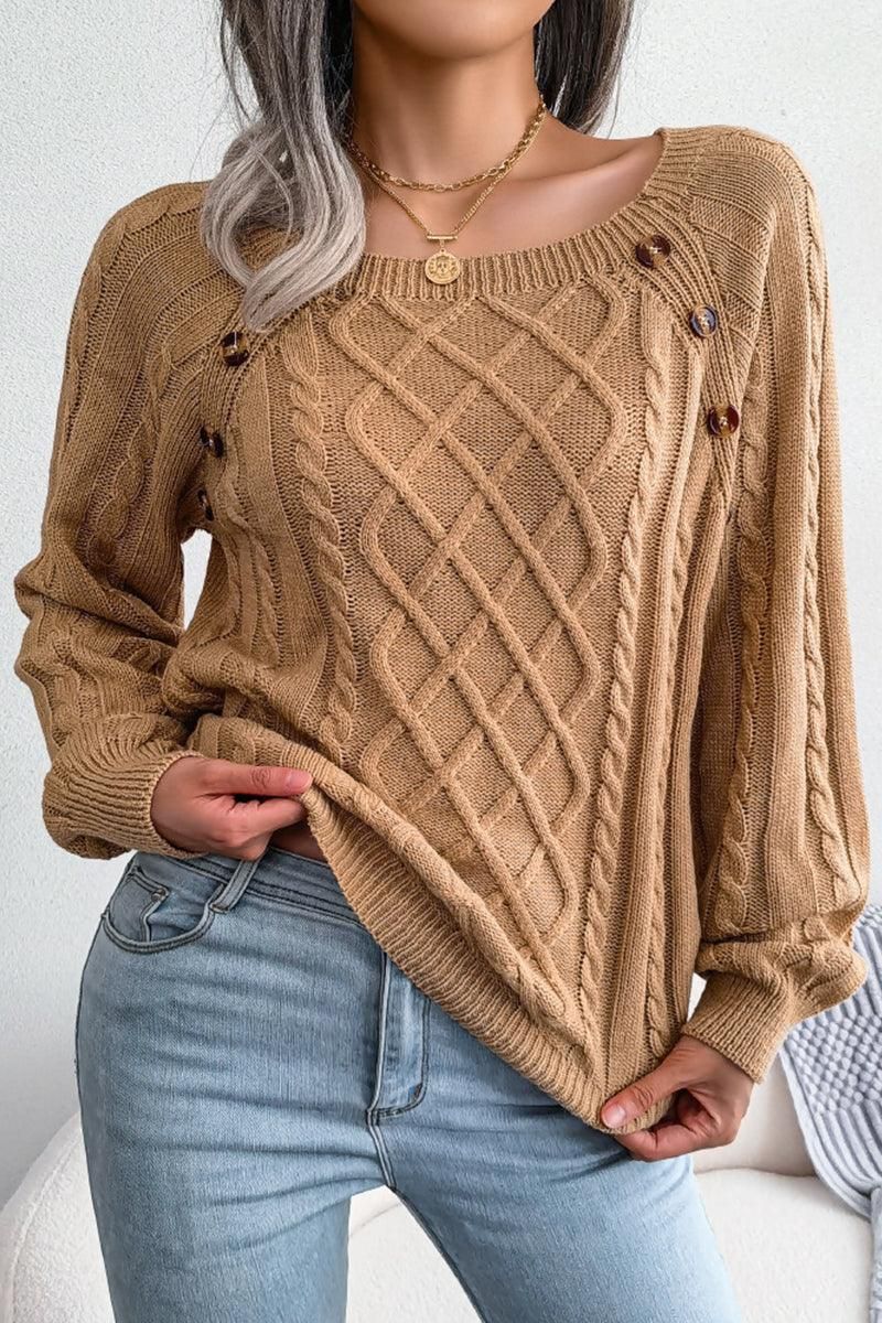 CABLE KNIT BUTTON DETAILED PULLOVER SWEATER - Doublju