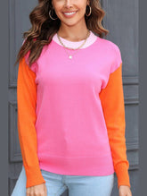 WOMEN COLORED SLEEVE ROUND NECK KNIT SWEATER