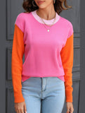 WOMEN COLORED SLEEVE ROUND NECK KNIT SWEATER