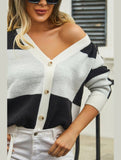 WOMEN PLAID COLOR BLOCK BUTTON UP CARDIGAN