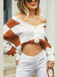 WOMEN PLAID COLOR BLOCK BUTTON UP CARDIGAN
