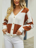 WOMEN PLAID COLOR BLOCK BUTTON UP CARDIGAN
