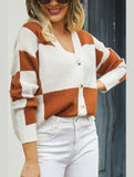 WOMEN PLAID COLOR BLOCK BUTTON UP CARDIGAN