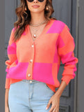 WOMEN PLAID COLOR BLOCK BUTTON UP CARDIGAN