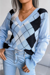 PLAID PATTERN RIBBED V NECK LOOSE FIT SWEATER