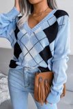 PLAID PATTERN RIBBED V NECK LOOSE FIT SWEATER