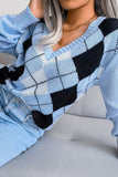 PLAID PATTERN RIBBED V NECK LOOSE FIT SWEATER