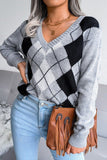 PLAID PATTERN RIBBED V NECK LOOSE FIT SWEATER