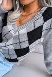 PLAID PATTERN RIBBED V NECK LOOSE FIT SWEATER