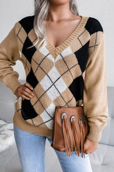 PLAID PATTERN RIBBED V NECK LOOSE FIT SWEATER