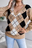 PLAID PATTERN RIBBED V NECK LOOSE FIT SWEATER