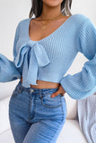 WOMEN FRONT BOW TIED SEXY CROP KNIT SWEATSHIRTS