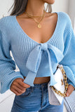 WOMEN FRONT BOW TIED SEXY CROP KNIT SWEATSHIRTS