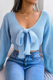 WOMEN FRONT BOW TIED SEXY CROP KNIT SWEATSHIRTS