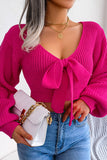 WOMEN FRONT BOW TIED SEXY CROP KNIT SWEATSHIRTS