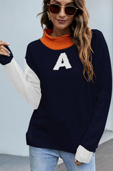 WOMEN COLOR BLOCK A PRINTING HIGH NECK KNIT TOP