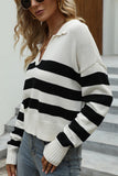 WOMEN COLLARED V NECK STRIPE PATTERN KNIT TOP