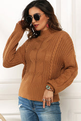 WOMEN CABLE KNIT HIGH NECK SOLID WINTER SWEATER