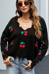 WOMEN CUTE CHERRY STITCHED DISTRESSED SWEATSHIRT