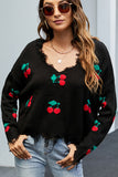 WOMEN CUTE CHERRY STITCHED DISTRESSED SWEATSHIRT