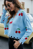 WOMEN CUTE CHERRY STITCHED DISTRESSED SWEATSHIRT