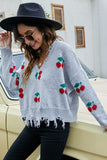 WOMEN CUTE CHERRY STITCHED DISTRESSED SWEATSHIRT
