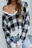 WOMEN PLAID PATTERN DISTRESSED CASUAL SWEATER