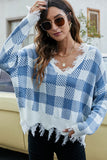 WOMEN PLAID PATTERN DISTRESSED CASUAL SWEATER