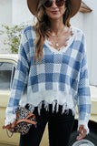 WOMEN PLAID PATTERN DISTRESSED CASUAL SWEATER
