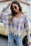 WOMEN PLAID PATTERN DISTRESSED CASUAL SWEATER