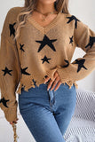 WOMEN STAR PRINTING DISTRESSED HEM KNIT SWEATER