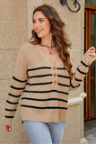 WOMEN HENLEY NECK STRIPE PATTERN LOOSE KNIT TOP