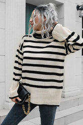 WOMEN STRIPED SIDE SLIT TURTLENECK LOOSE SWEATER