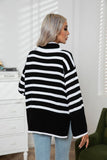 WOMEN STRIPED SIDE SLIT TURTLENECK LOOSE SWEATER