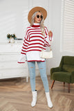 WOMEN STRIPED SIDE SLIT TURTLENECK LOOSE SWEATER
