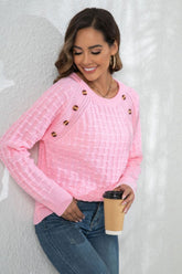 WOMEN WAFFLE LONG SLEEVE BUTTON PULLOVER SWEATER