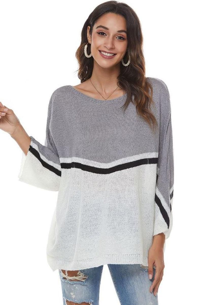 LOOSE FIT BATWING SLEEVE COLOR BLOCK KNIT SWEATER - Doublju