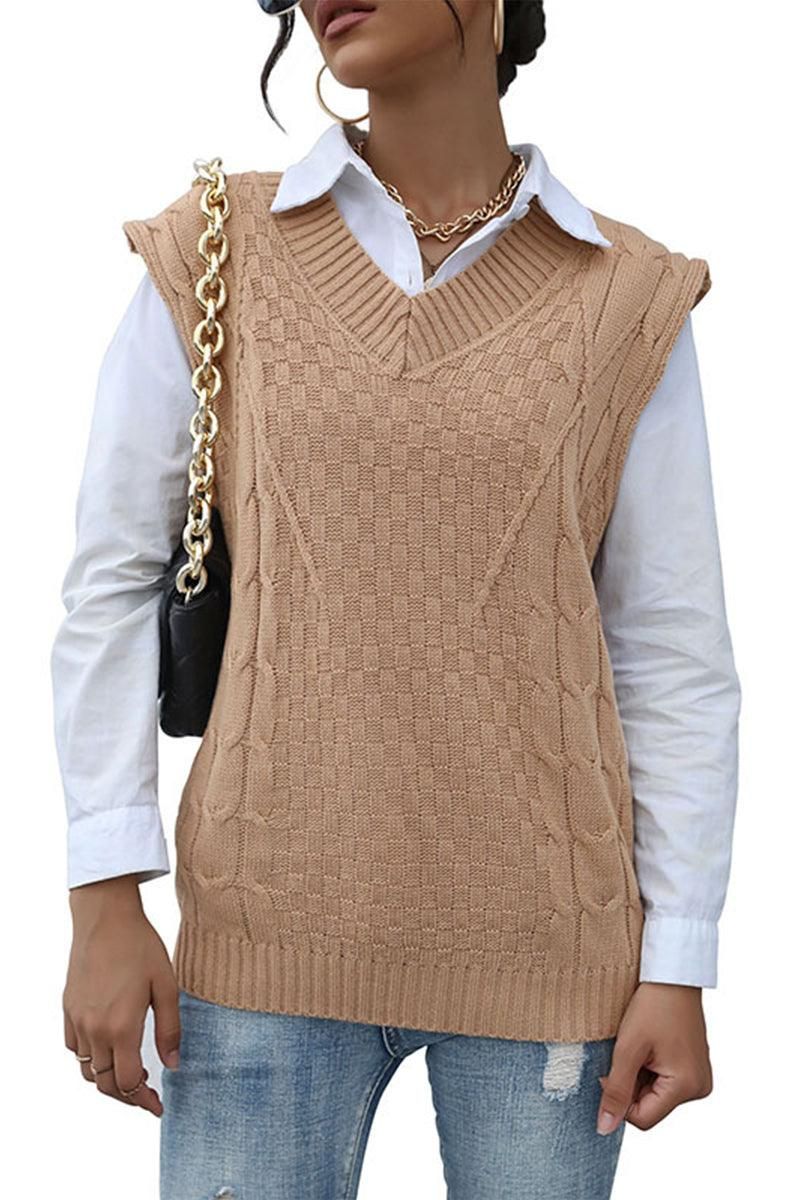 PATTERNED KNIT SLEEVELESS COZY SOLID CARDIGAN - Doublju