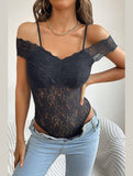 OFF SHOULDER STRAP FULL LACE BODYSUIT - Doublju
