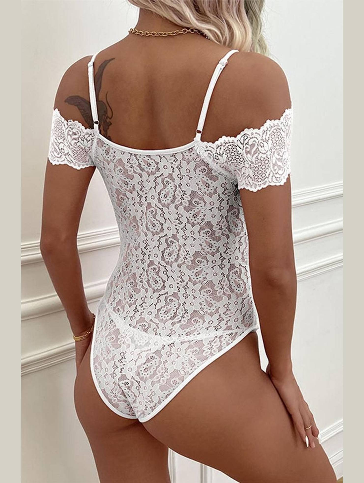 OFF SHOULDER STRAP FULL LACE BODYSUIT - Doublju