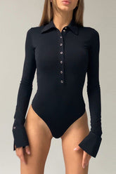 WOMEN LONG SLEEVE LAPEL BUTTON UP NECK BODYSUIT