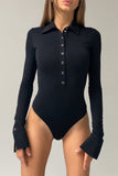 WOMEN LONG SLEEVE LAPEL BUTTON UP NECK BODYSUIT