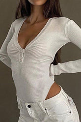 WOMEN BUTTONED V NECK LONG SLEEVE BODYSUIT