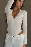 WOMEN BUTTONED V NECK LONG SLEEVE BODYSUIT