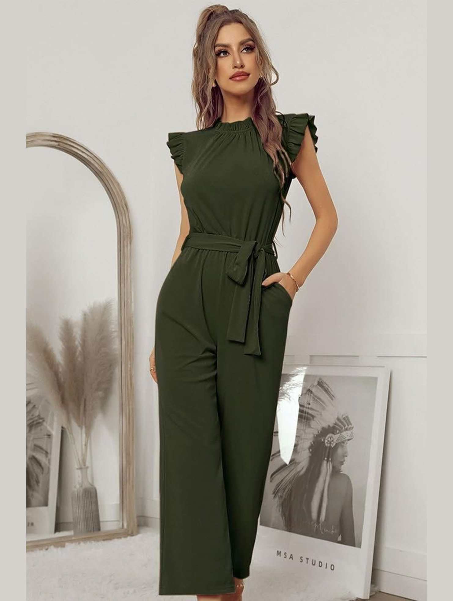 SOLID COLOR FLYING SLEEVE JUMPSUIT - Doublju