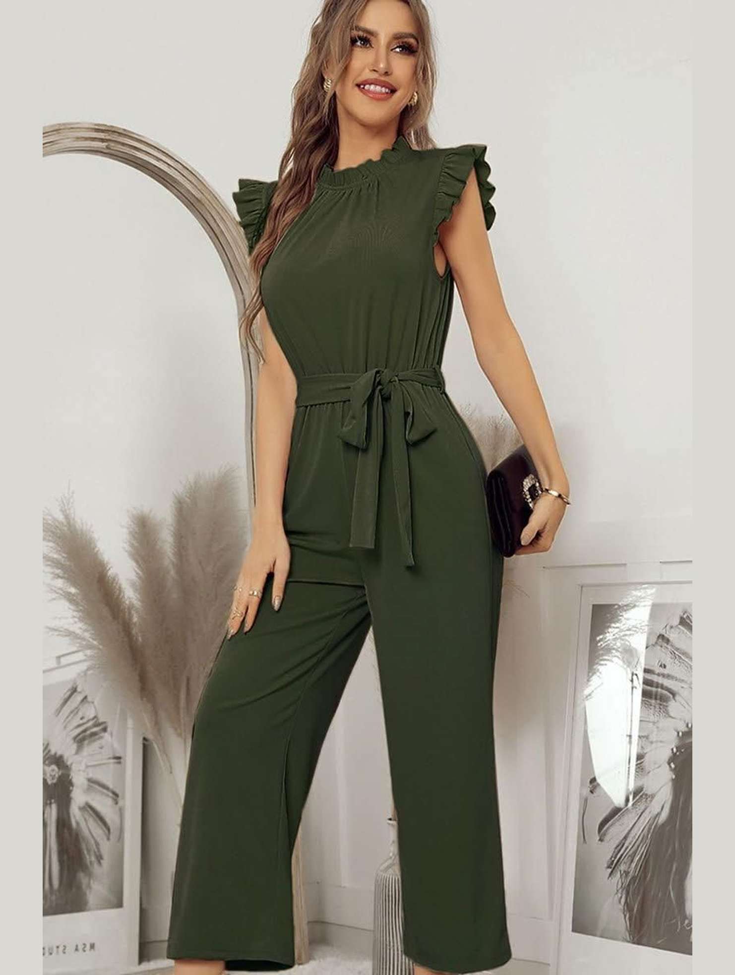 SOLID COLOR FLYING SLEEVE JUMPSUIT - Doublju