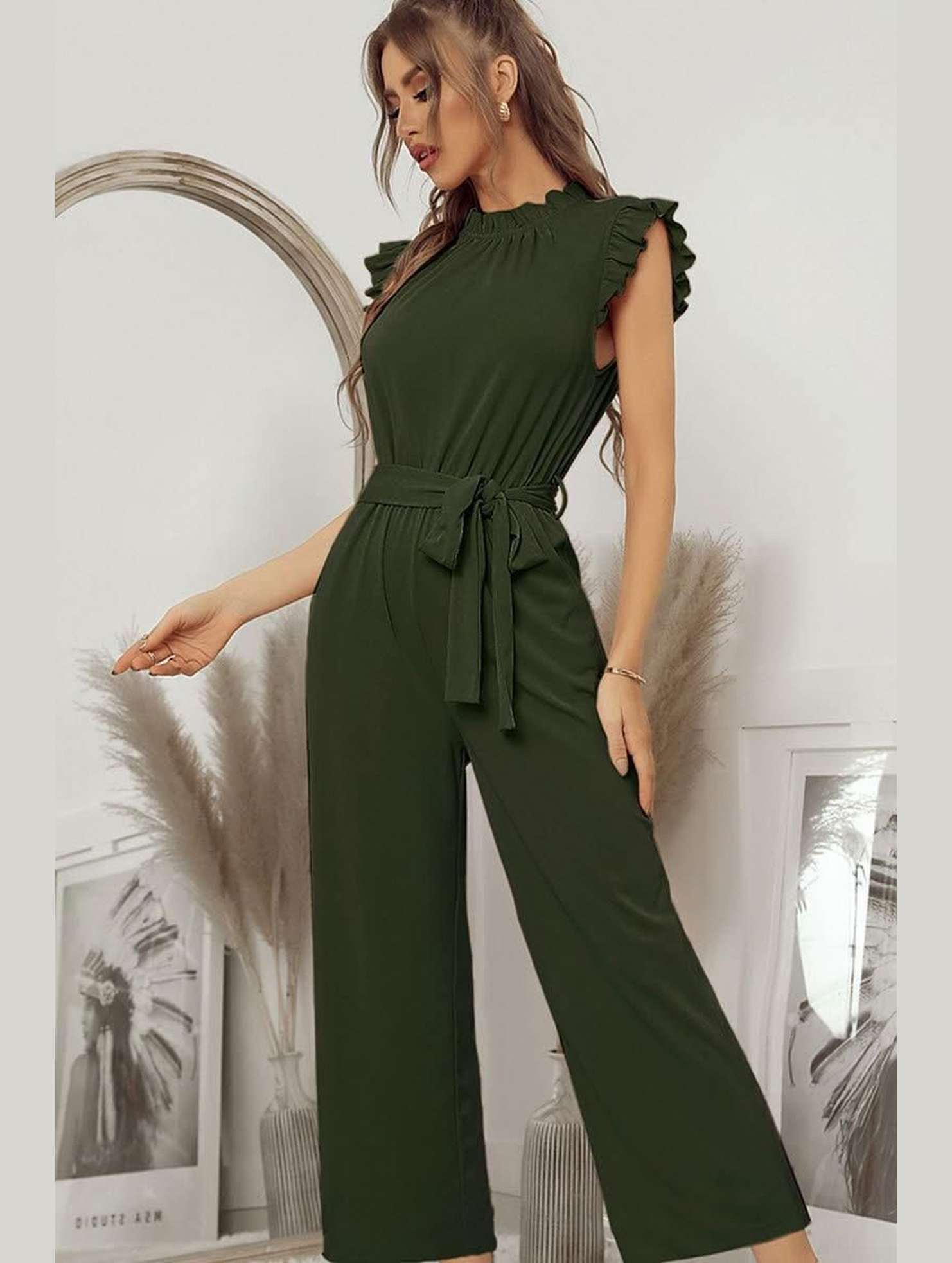 SOLID COLOR FLYING SLEEVE JUMPSUIT - Doublju