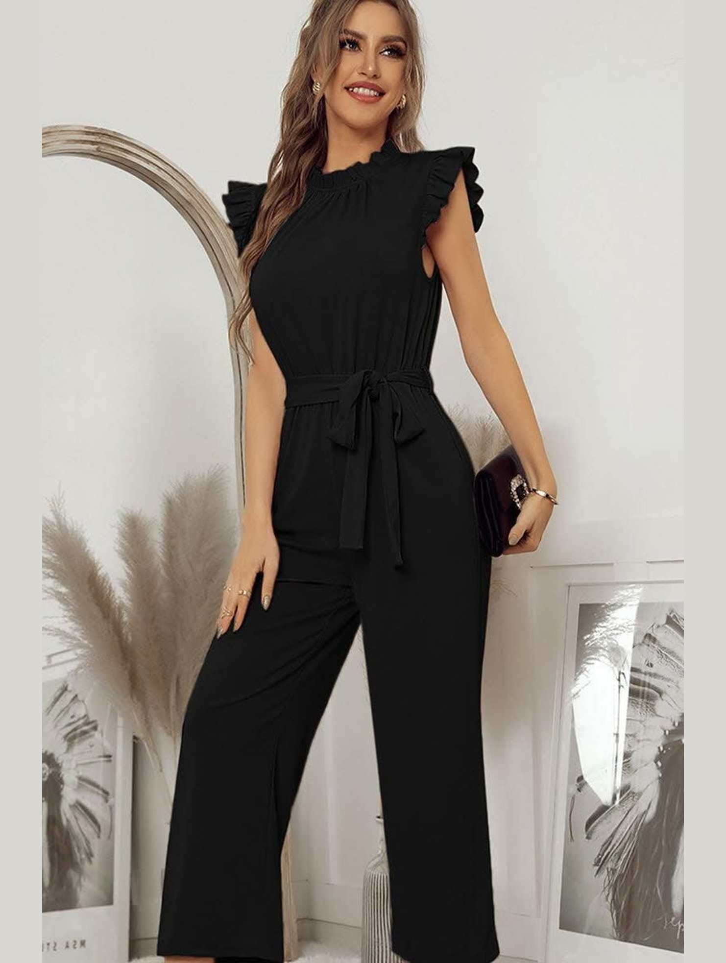 SOLID COLOR FLYING SLEEVE JUMPSUIT - Doublju