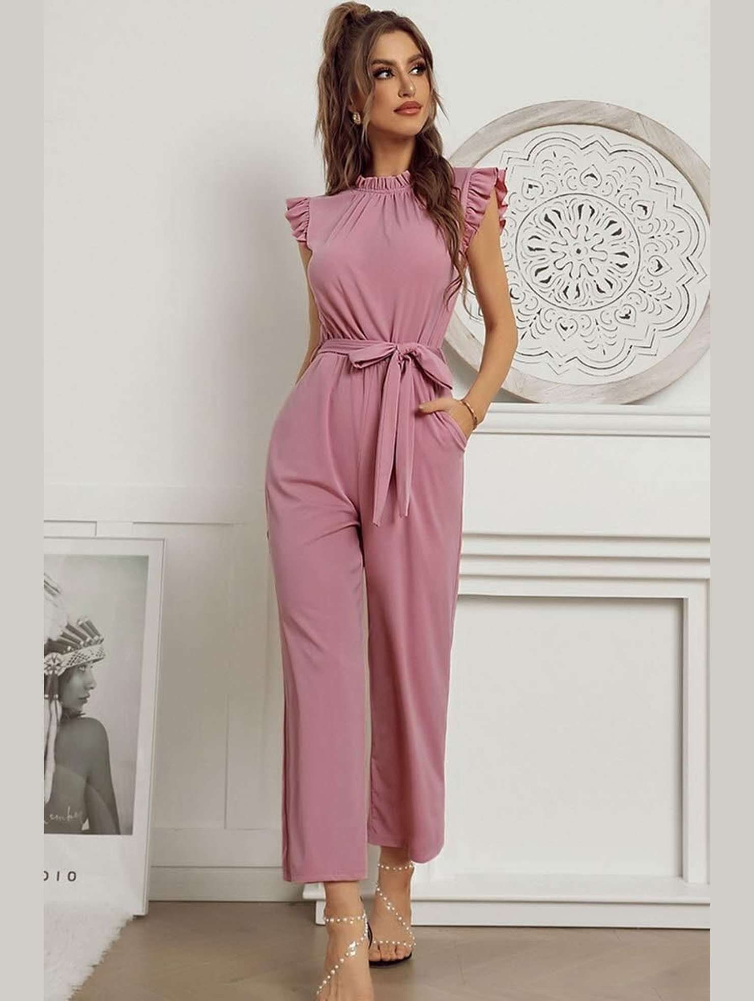 SOLID COLOR FLYING SLEEVE JUMPSUIT - Doublju
