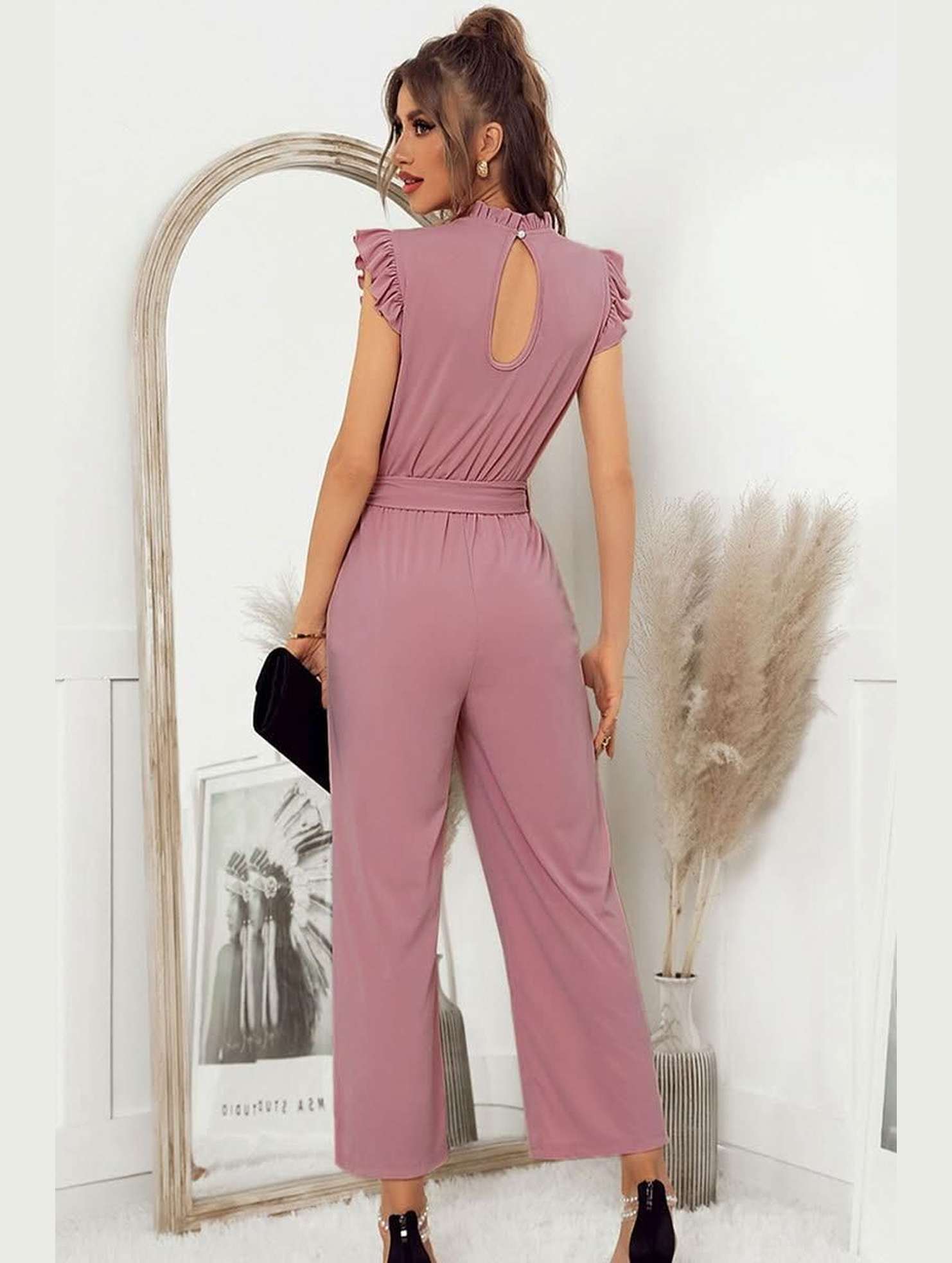 SOLID COLOR FLYING SLEEVE JUMPSUIT - Doublju